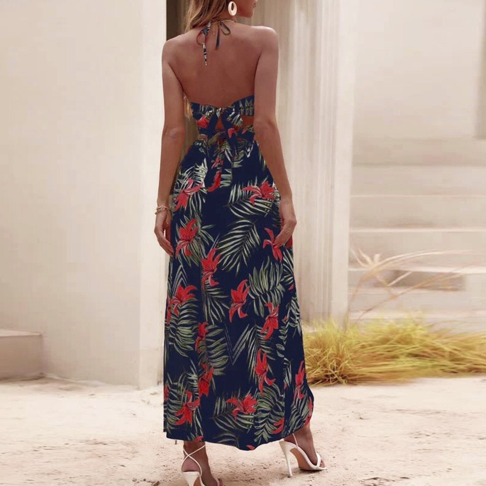 Summer Beach Sleeveless V-neck High Waist Slit Long Dress