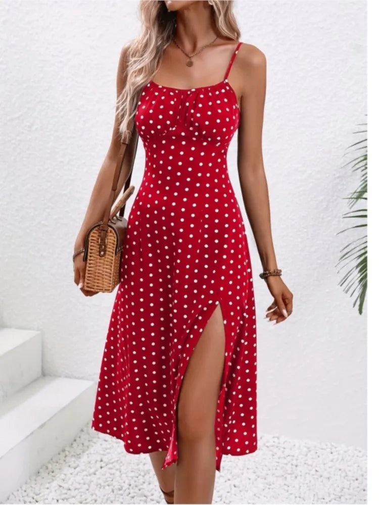 Summer Sexy Spaghetti Straps Polka Dot Print Sleeveless Slit Dress