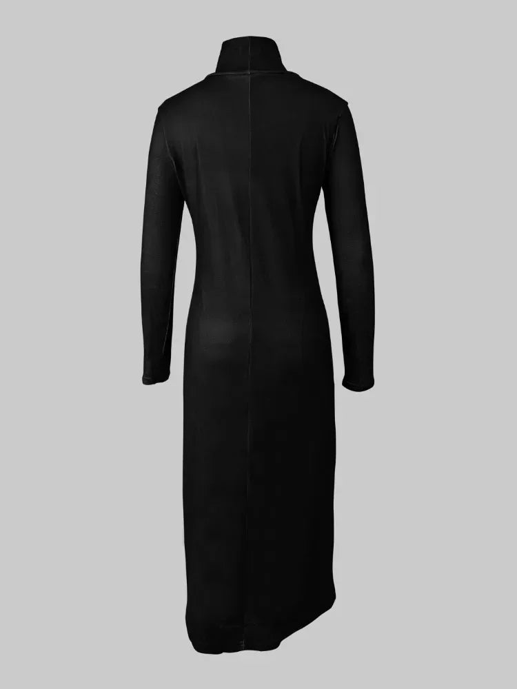 Winter Knitted  Black Flower Design Slim Fit Asymmetric High Neck Long Sweaters
