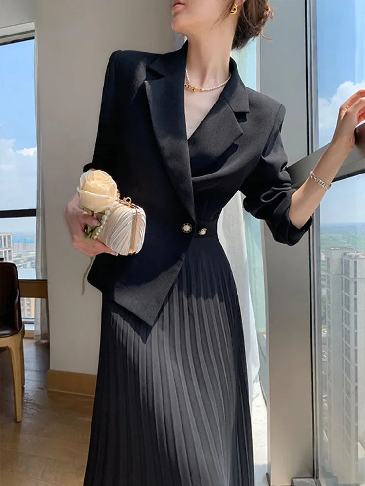 Long Sleeve Streetwear Solid Notched Midi Dress