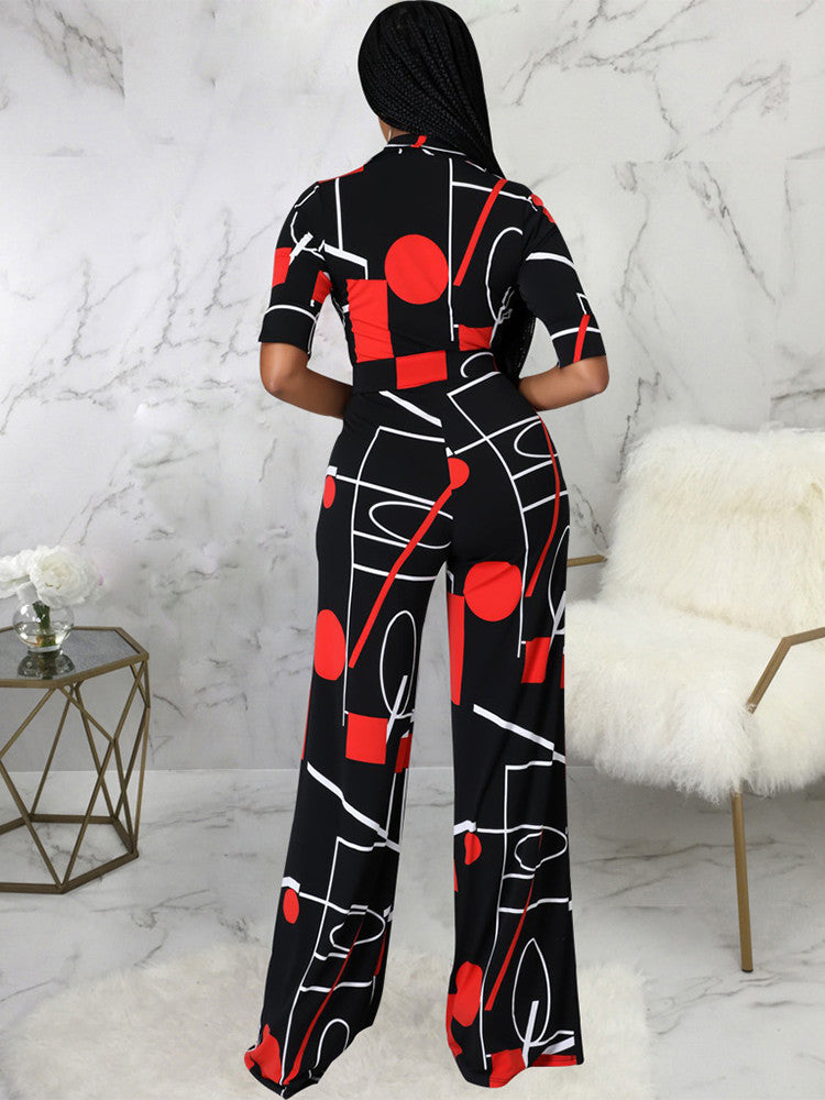 Aesthetic Print Chic Turn Down Collar Half Sleeve Wide Leg Jumpsuit