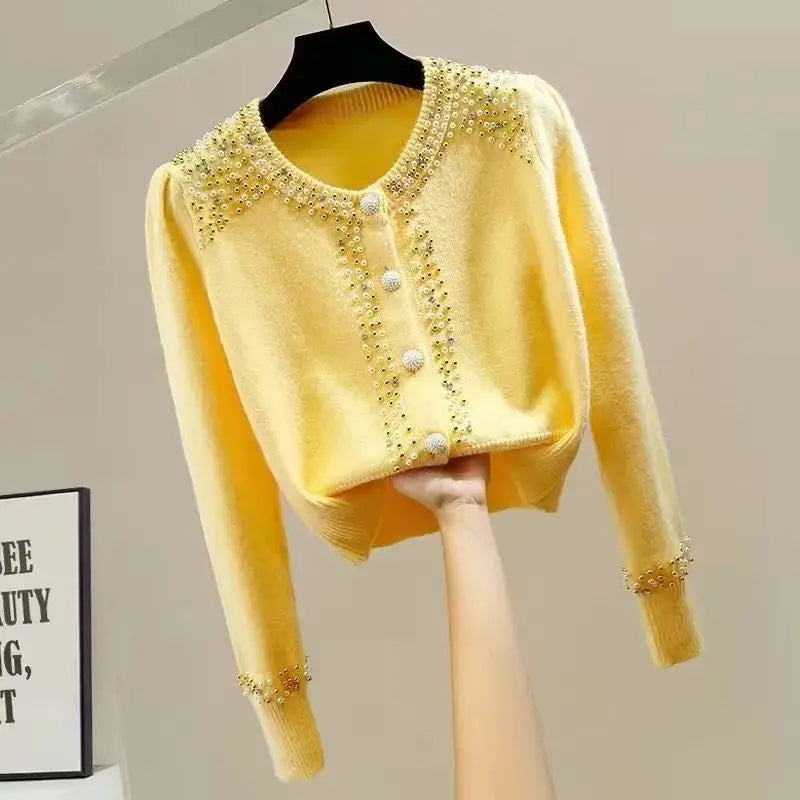 Fashion Spring Autumn New O-Neck Diamonds All-match Solid Casual Long Sleeve Slim Cardigans Sweaters