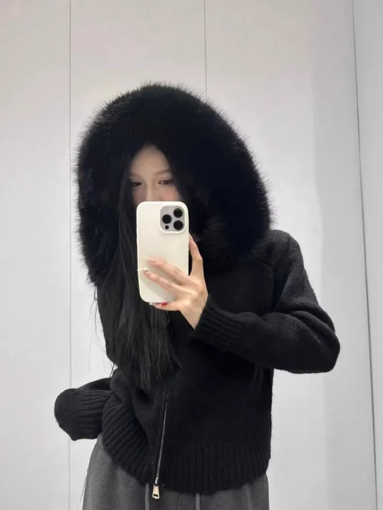 Autumn And Winter High-End Sense Fur Collar Hooded Lazy Style Knitted Top