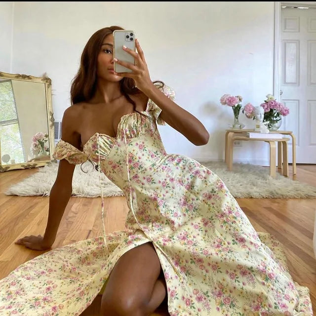 Off Shoulder Flower Print High Split Elegant Long Dresses