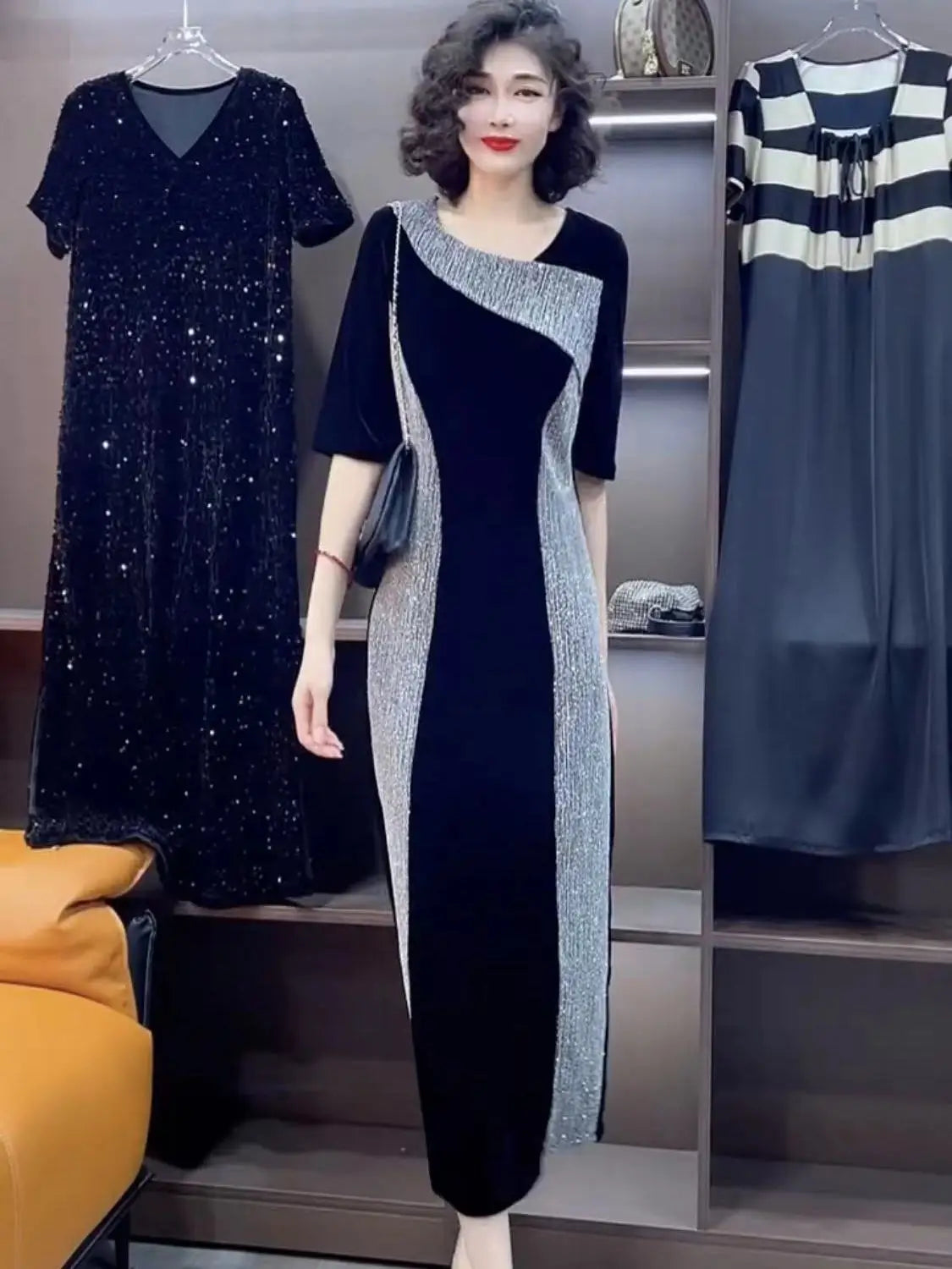 Patchwork Contrasting ColorsTemperament Light Loose Slim High Street Midi Dress