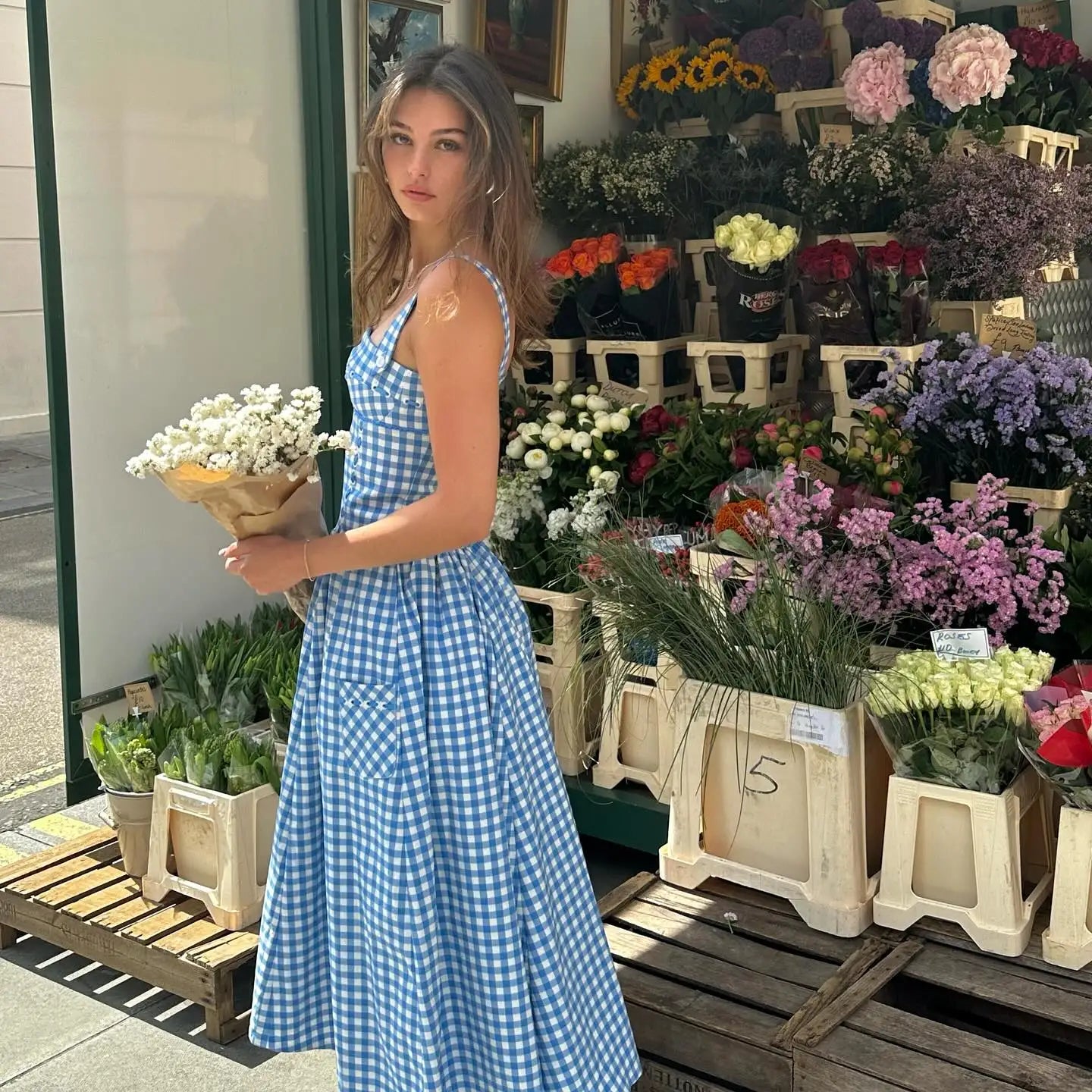 Midi Blue and White Plaid Dress with Pocket