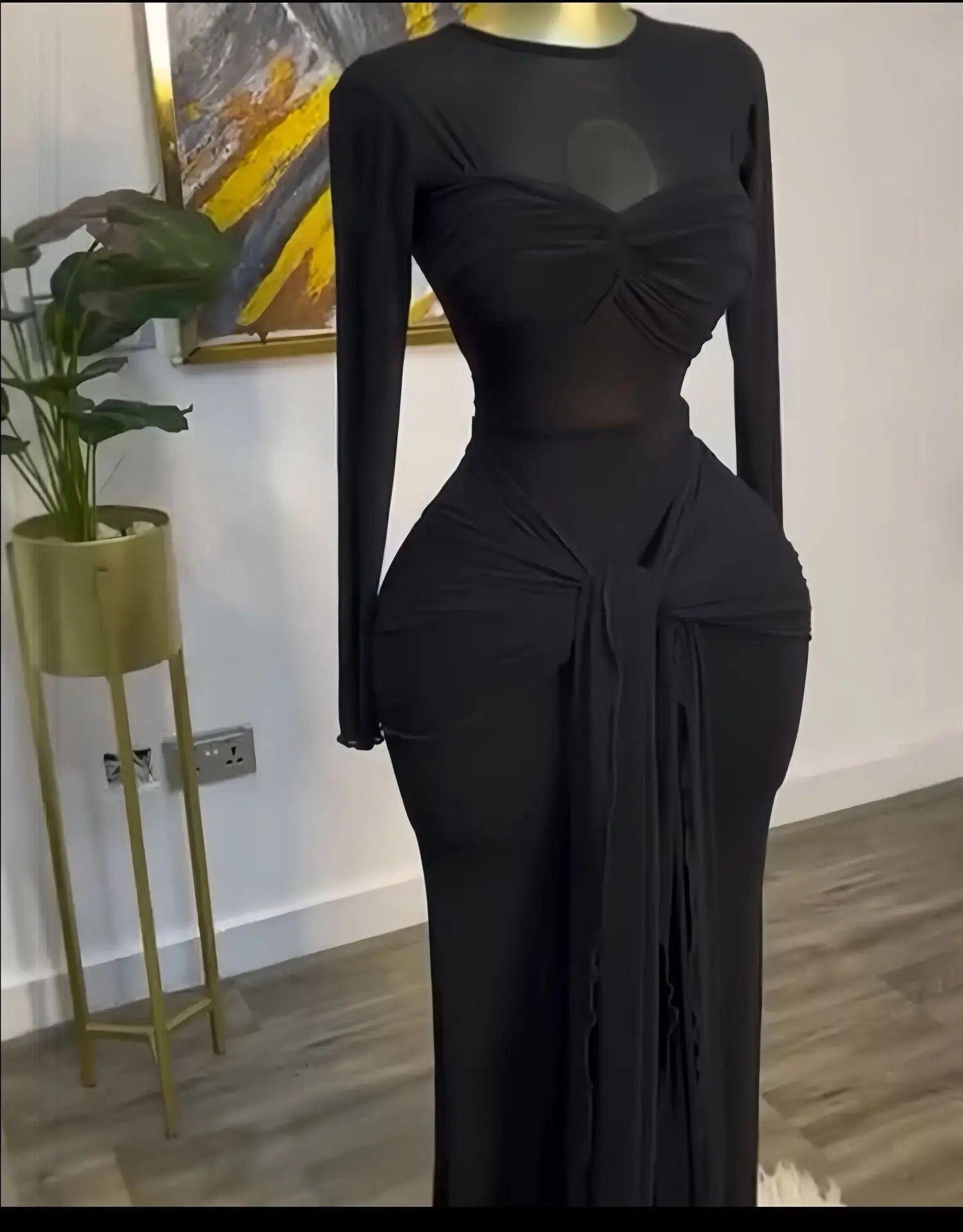 Mesh See Though Long Sleeve Maxi Bowknot Long Dress