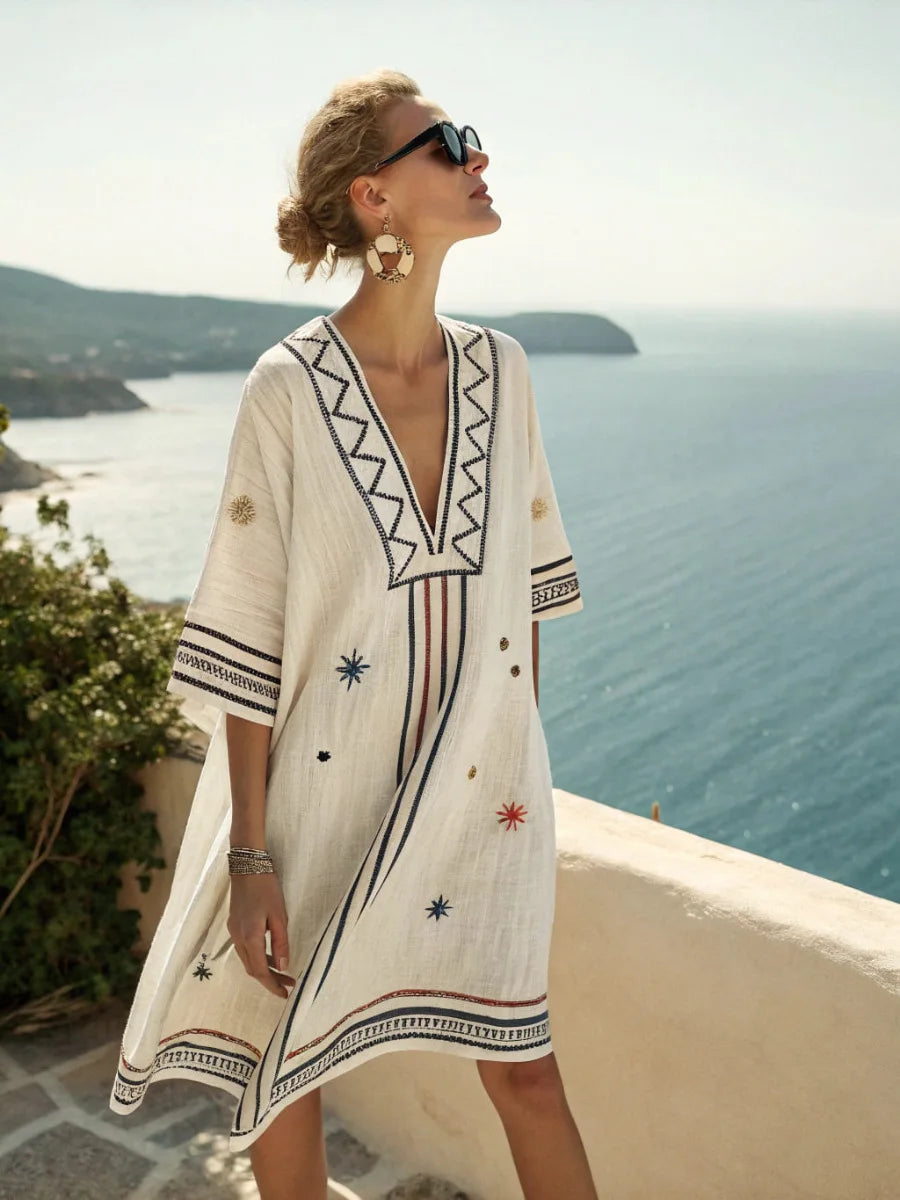 2025 Summer V-Neck Floral Print Loose Beach Dress