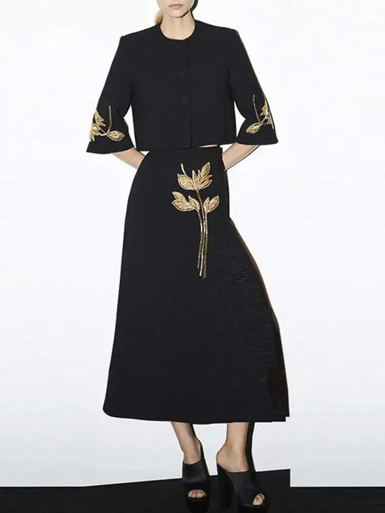 Single Button Flower Bead Short Coat A-line Skirt