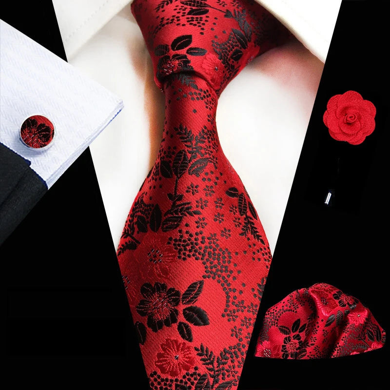 Floral  Neck Tie Set Handkerchief Brooch Cufflinks Men Accessories