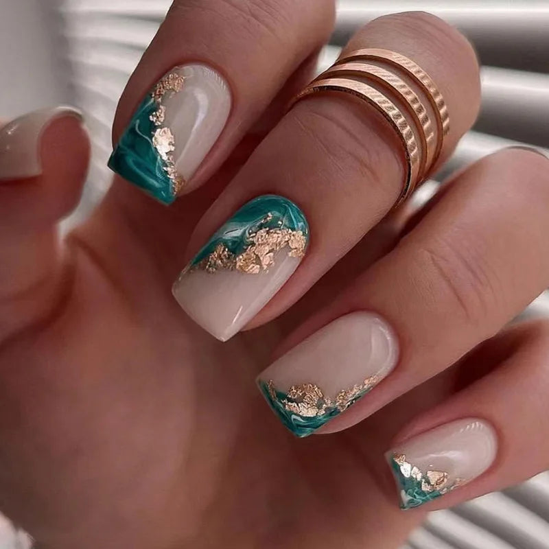 24Pcs Mid-length Square Press-On Nails with Golden Butterfly Design