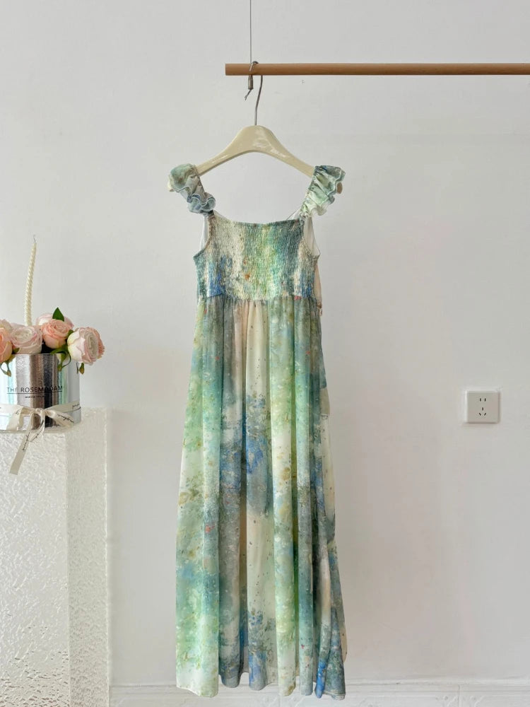 Summer French Beach Vacation Original Design Shell Sequin Ruffle Flounce Dress