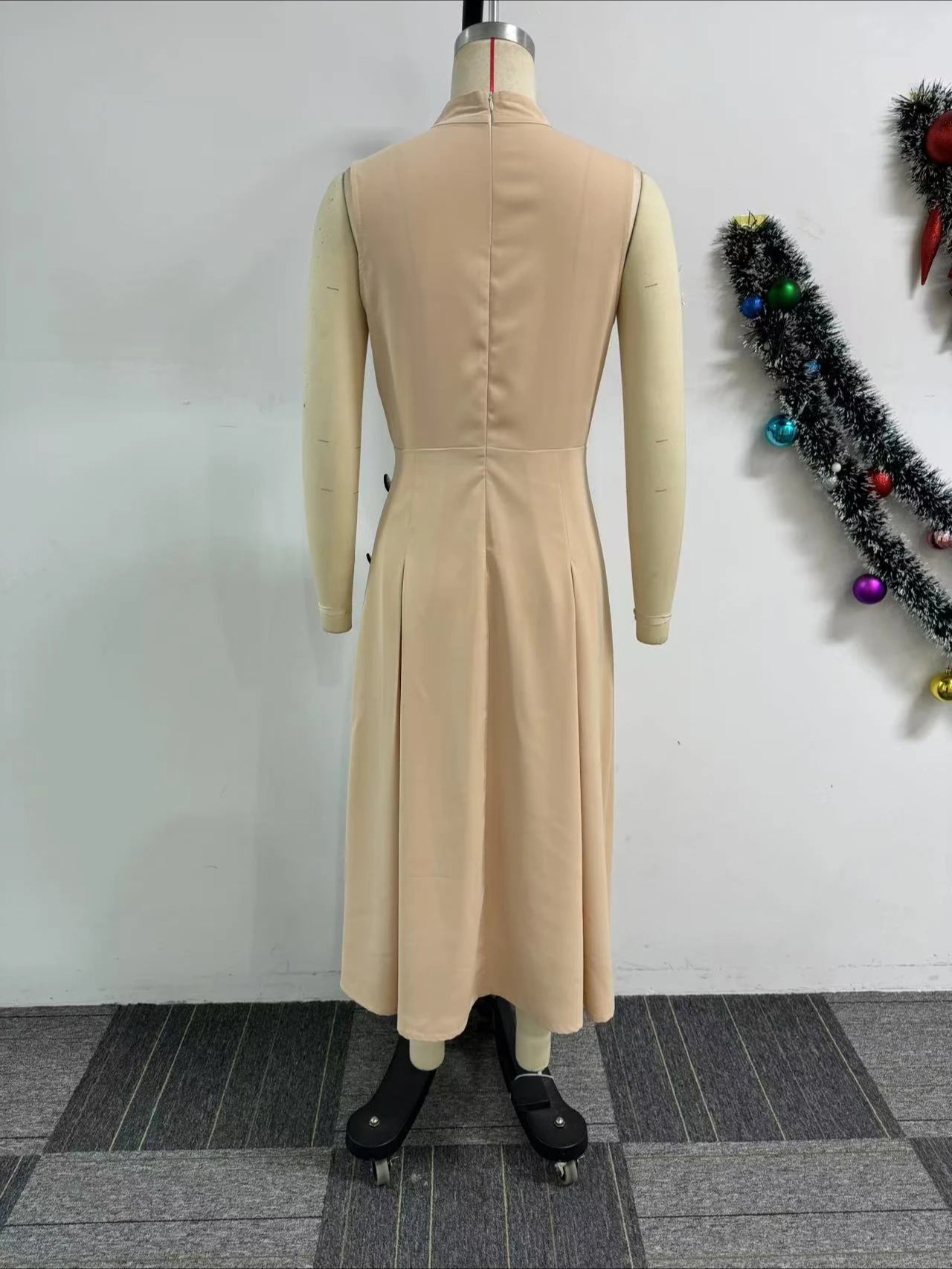 Khaki Tank A Line Half High Collar Sleeveless Button High Waist Dress
