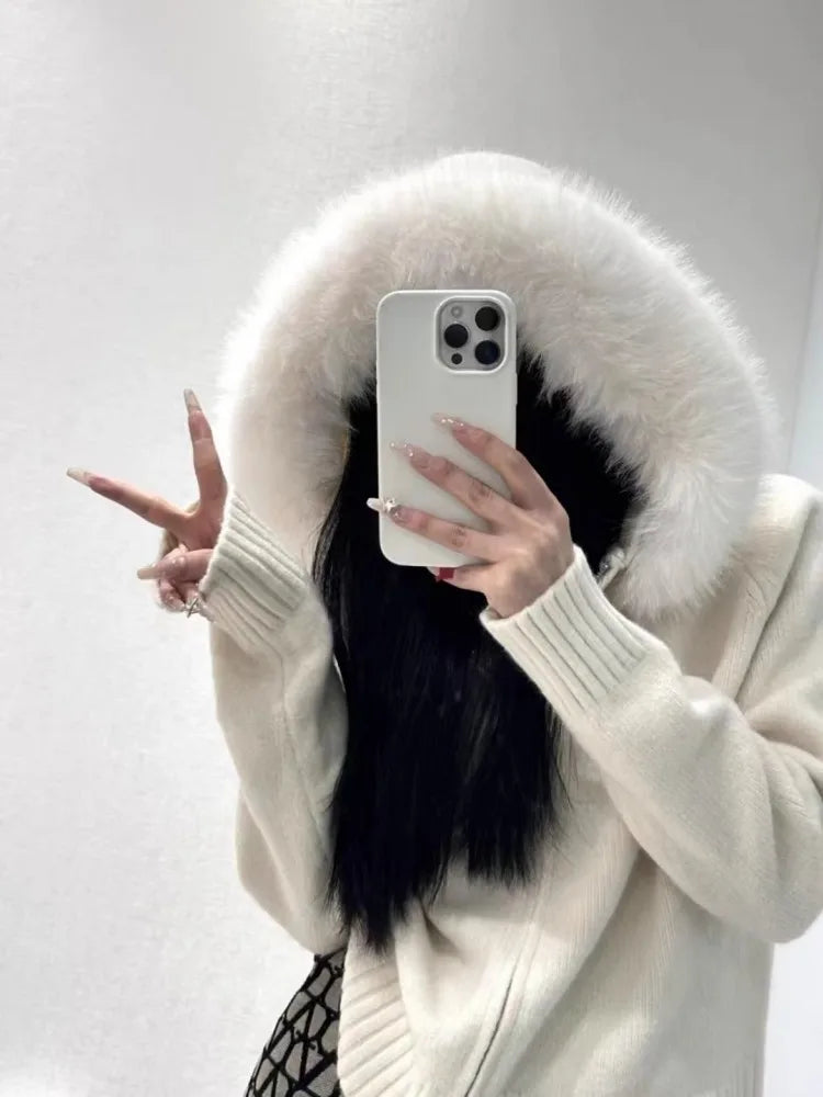 Autumn And Winter High-End Sense Fur Collar Hooded Lazy Style Knitted Top