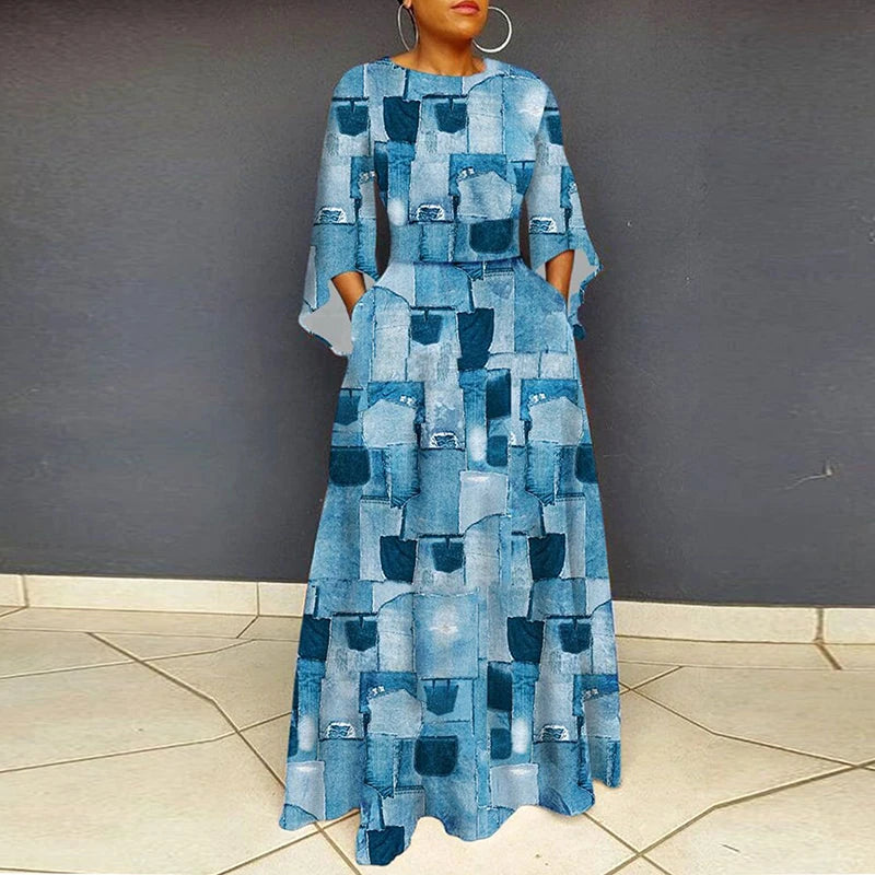 Vintage WPlus Size O Neck 3/4 Sleeve Leopard Print Maxi Long Dress