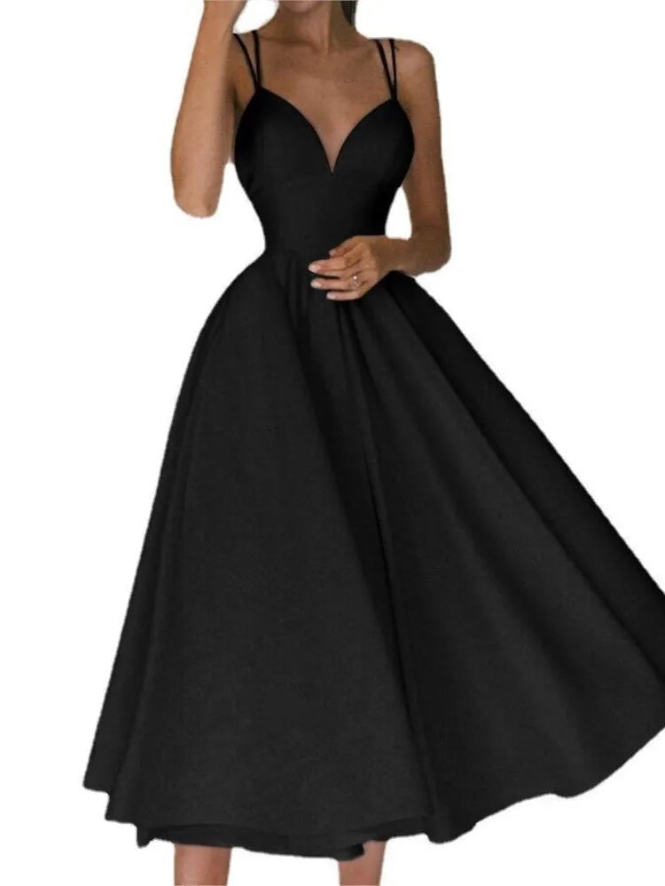New Spaghetti Strap Solid Color Sexy V-neck Backless Dress