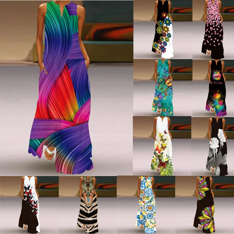 Summer Dress Sleeveless V Neck Floral Letter Print Maxi Long Dresses
