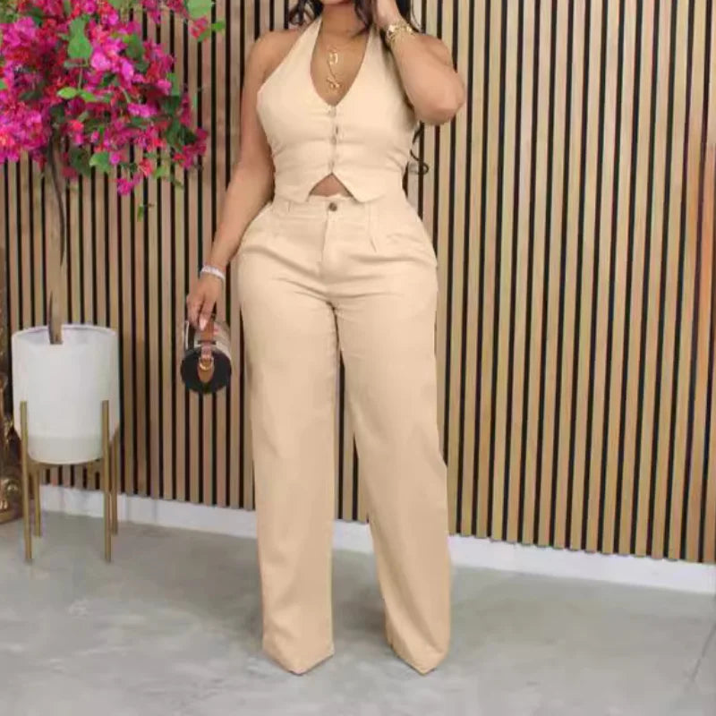 Spring Summer Long Sleeve Vest Top and Pants Set