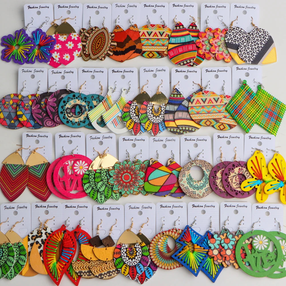 10 Pairs Boho Ethnic Print Wooden Earrings – Colorful Geometric Statement Set