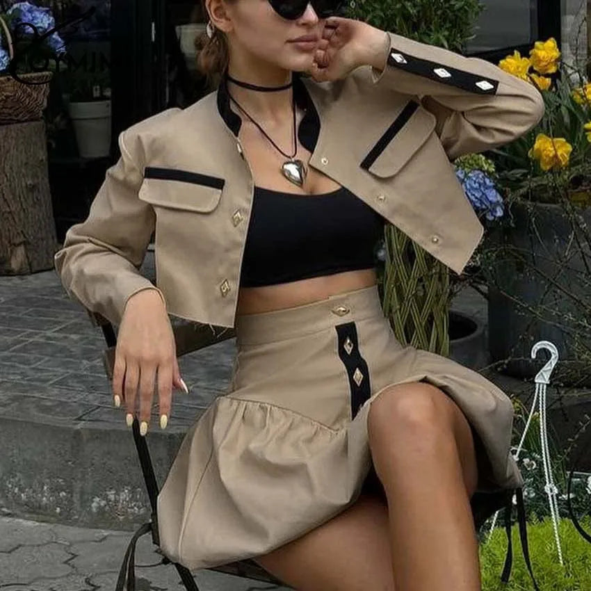 Casual Long Sleeve Button Pockets Crop Shirts + High Waist Mini Skirt Set