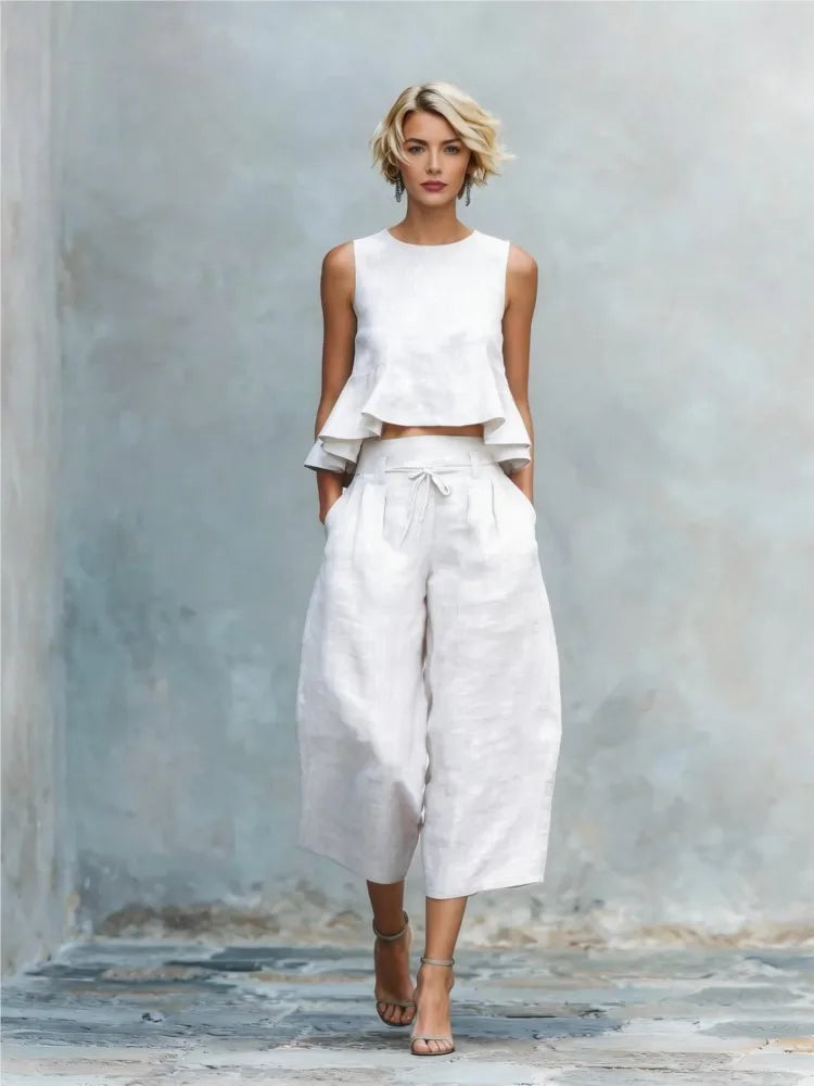 New Linen Ruffled Crop Vest & 9/10 Wide-Leg Pants Set – Effortless Chic, All Day Comfort