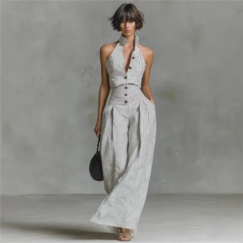 Fashion Stripe Print Button Down Jumpsuit