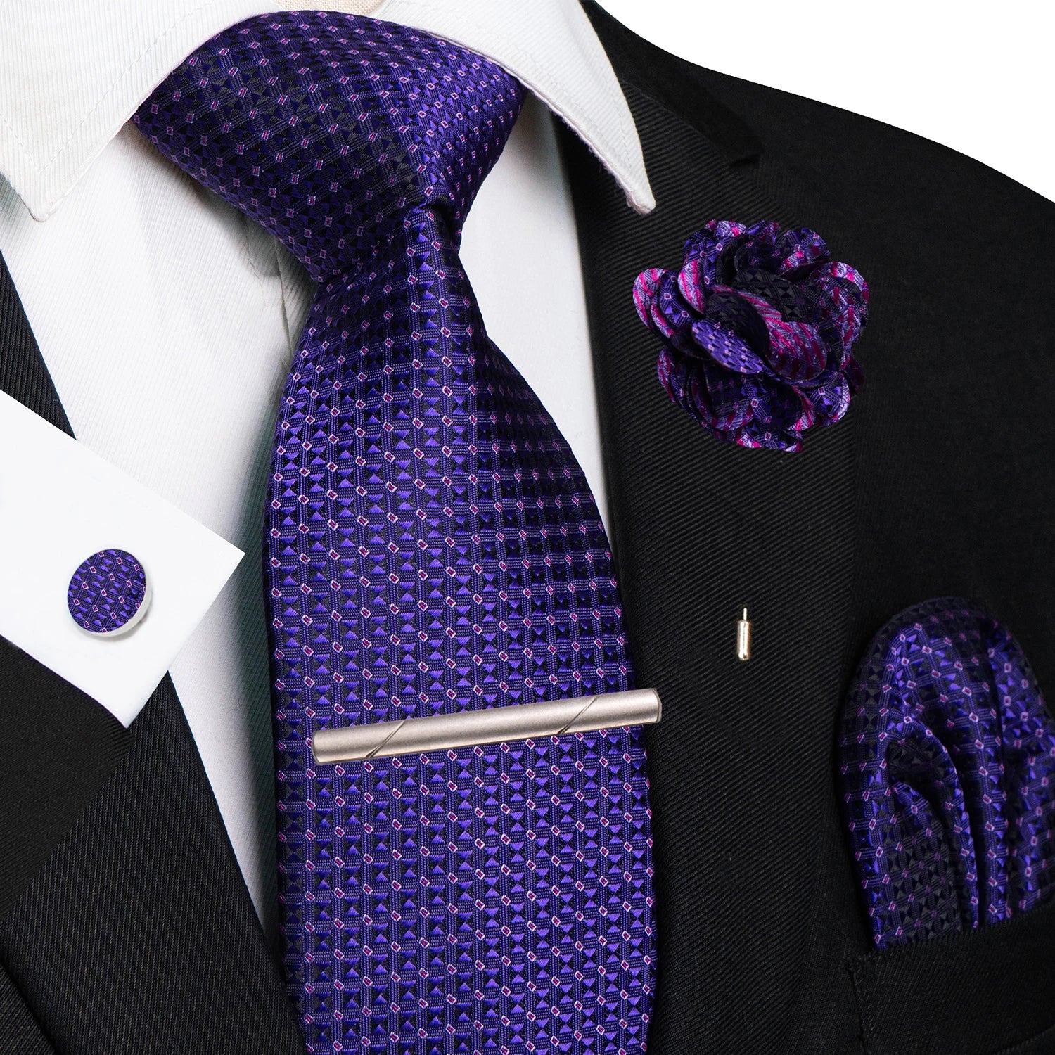 Brown Yellow Plaid Silk Tie Set for Men