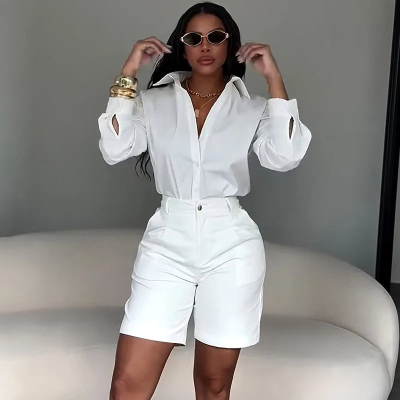 Solid Elegant Two‑Piece Set – Long Sleeve Shirt & Shorts Matching Outfit