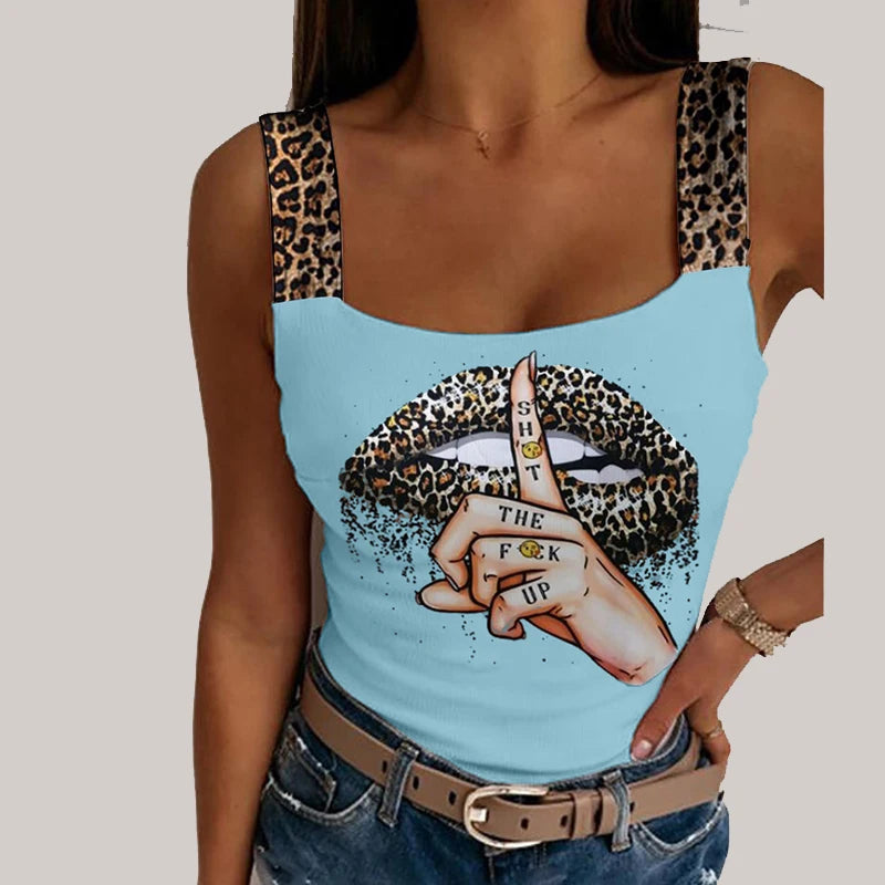 Leopard Lips Print Sleeveless Sexy Tank Tops