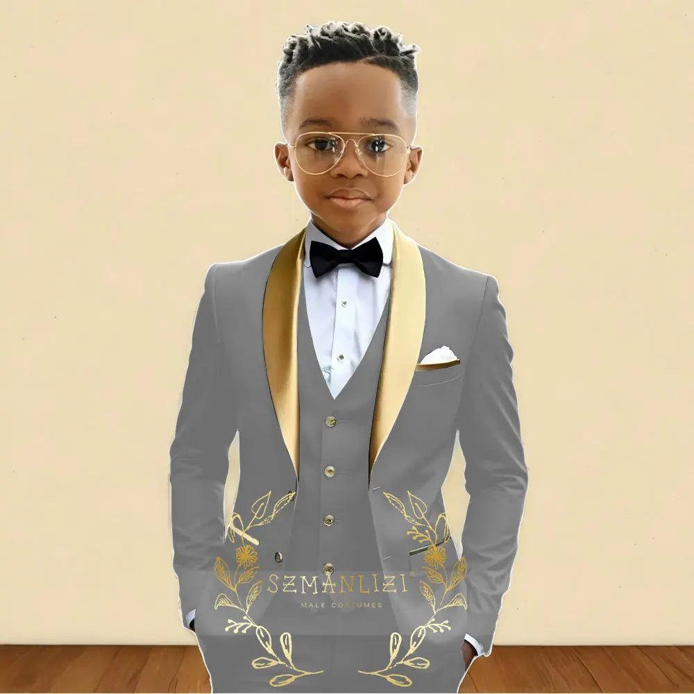 3‑Piece Boys Wedding Suit with Gold Shawl Lapel (2–16 Years)