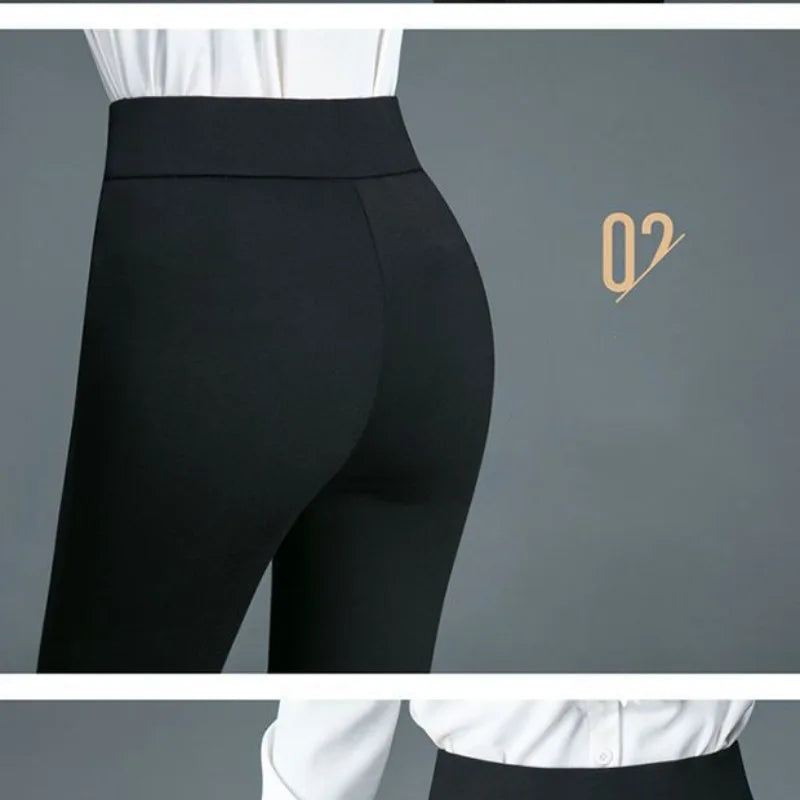 Spring and Summer High Waist Solid Print Pocket Patchwork Elastic Slim Elegant Pants