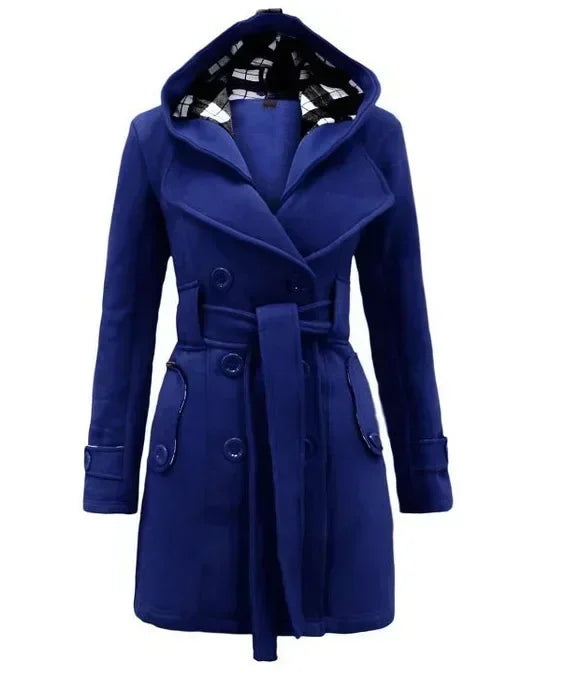 2026 Autumn Hooded  Double-Breasted Design Belt Side Pockets Plaid Splice Woolen Coats