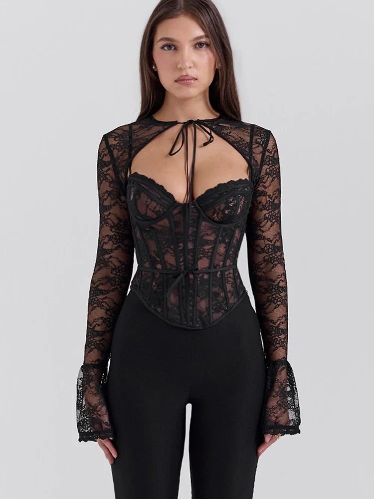 Sexy See Through Lace Two Piece Sets Long Sleeve Print Floral Tops