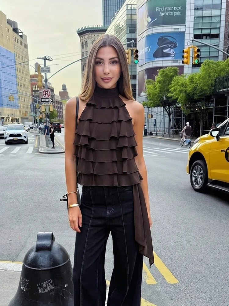 Elegant Ladies Halter Neck Ruffle Chiffon Blouse - Summer Wear