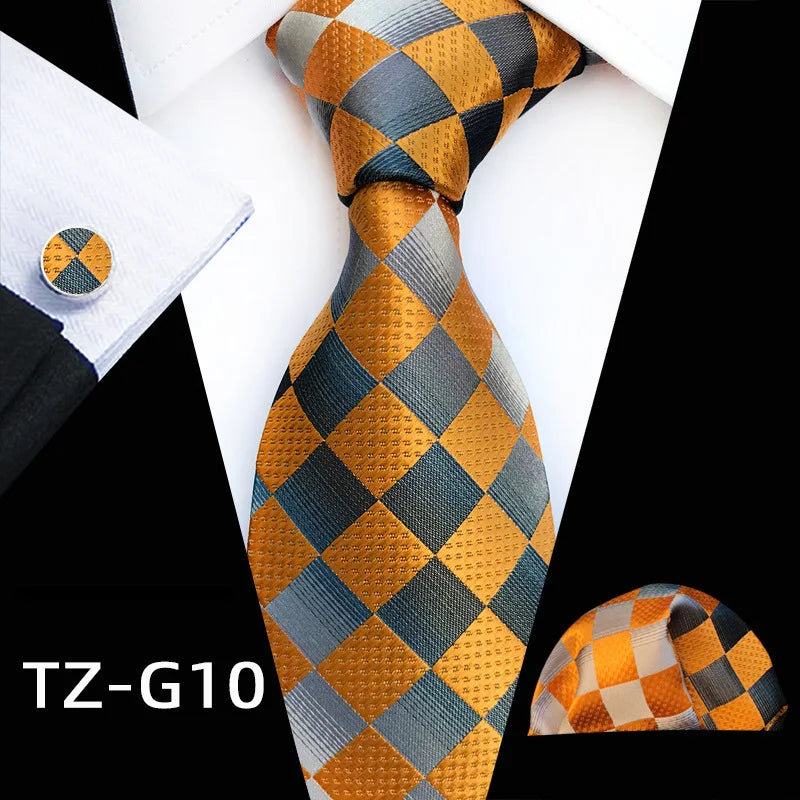 Orange Novelty Ties Plaid Flower Design Wedding Necktie Hanky Cufflinks