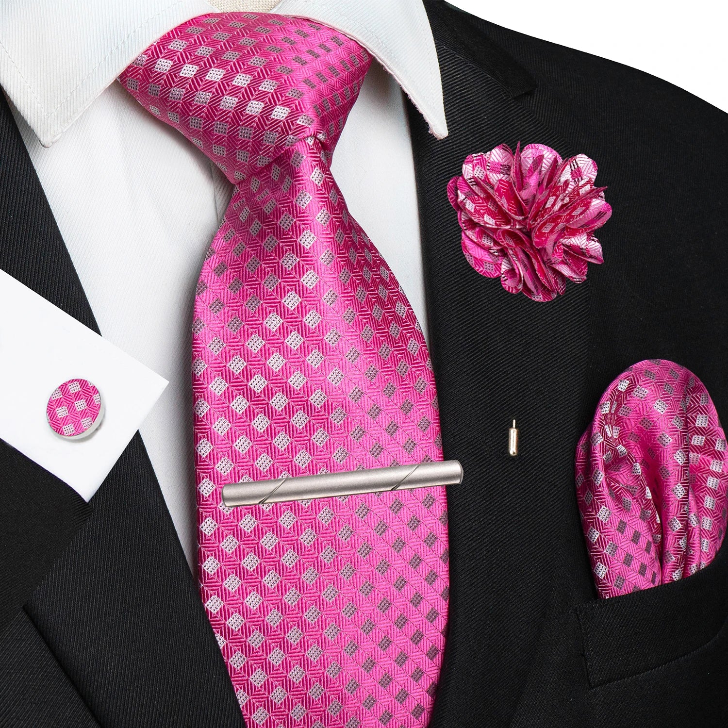 Brown Yellow Plaid Silk Tie Set for Men
