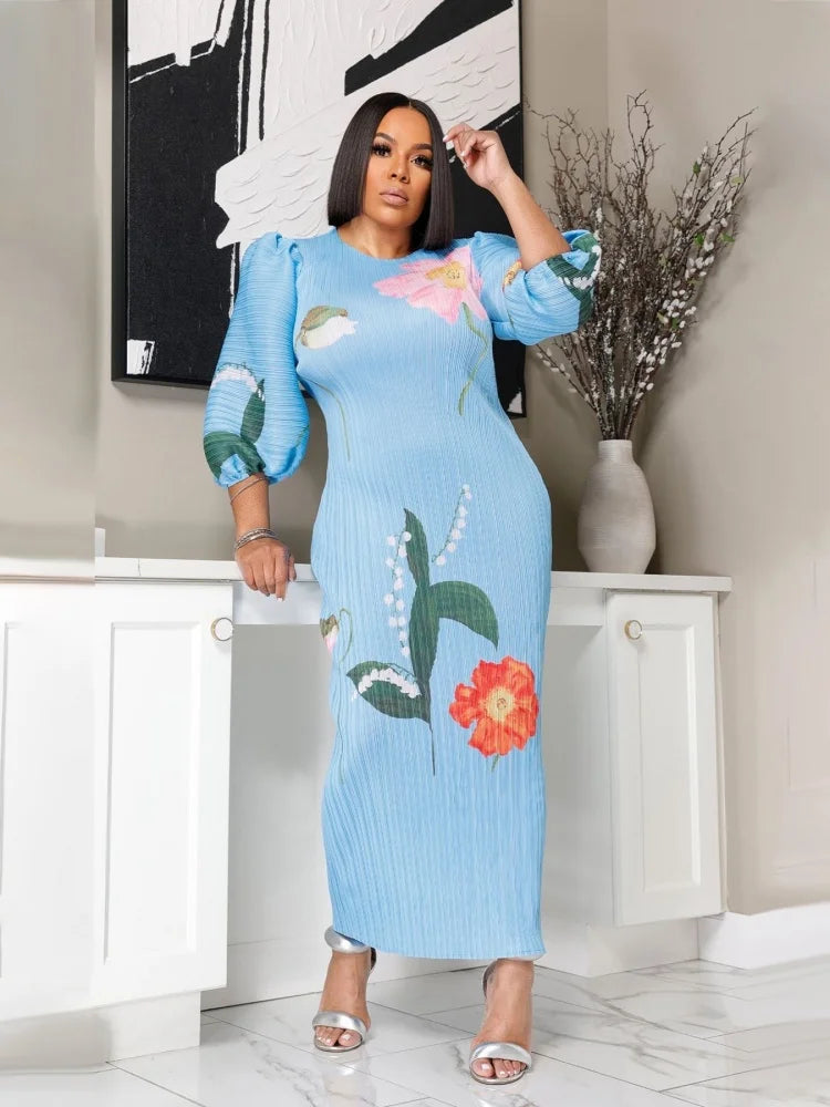 High Grade Lantern Sleeve Pleated Flower Print Round Neck Maxi Dress