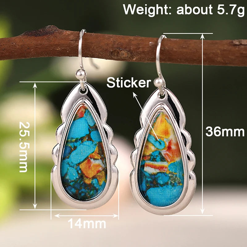Waterdrop Shaped Boho Dangle Earrings with Stone Pattern Sticker