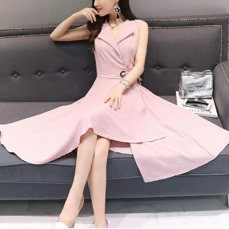 Elegant Solid Color Spliced Loose Bandage Bow Sleeveless Dress