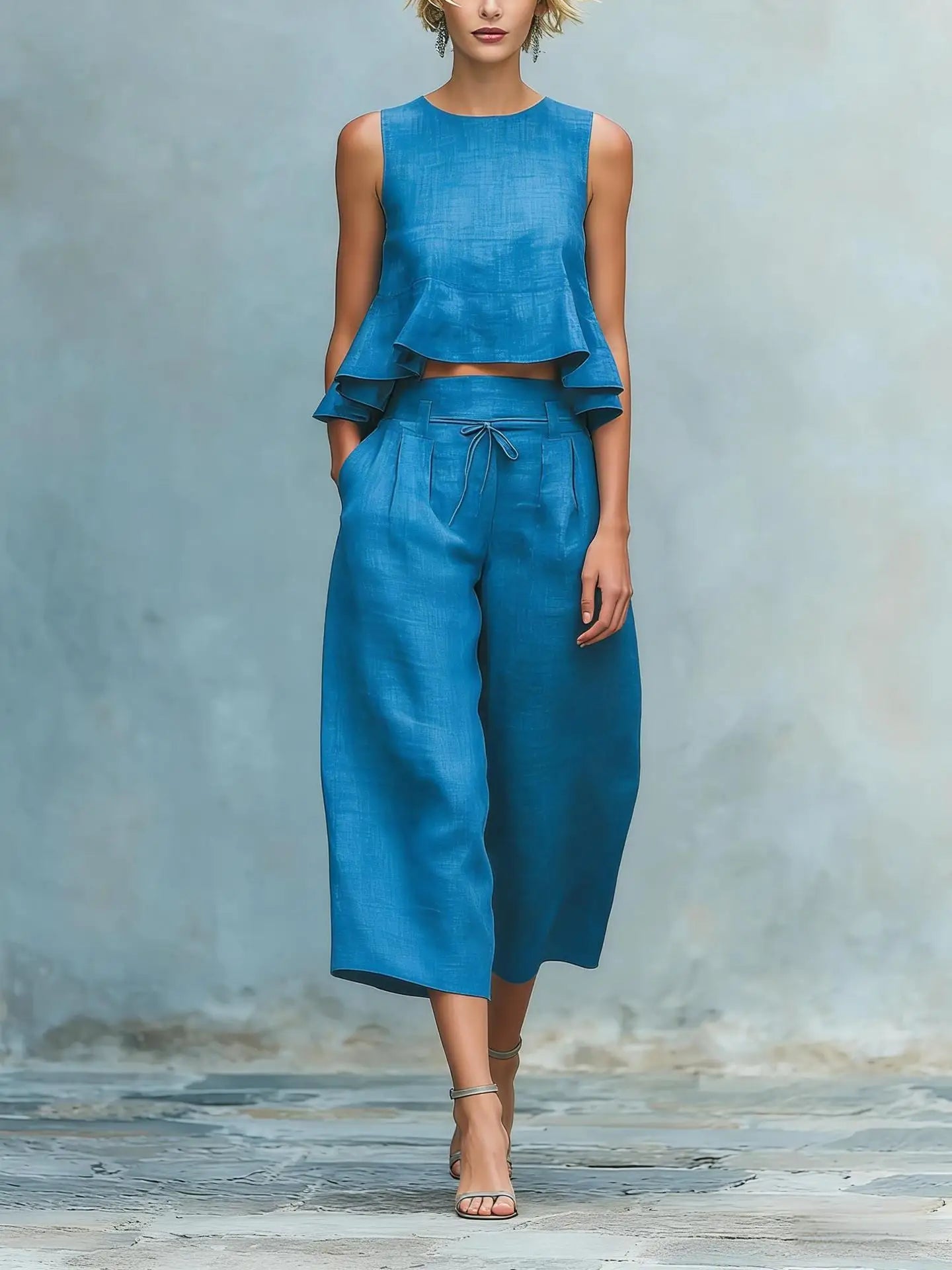Elegant O-neck Sleeveless Top & Long Pant Cotton Linen Set for Women Summer Outfits