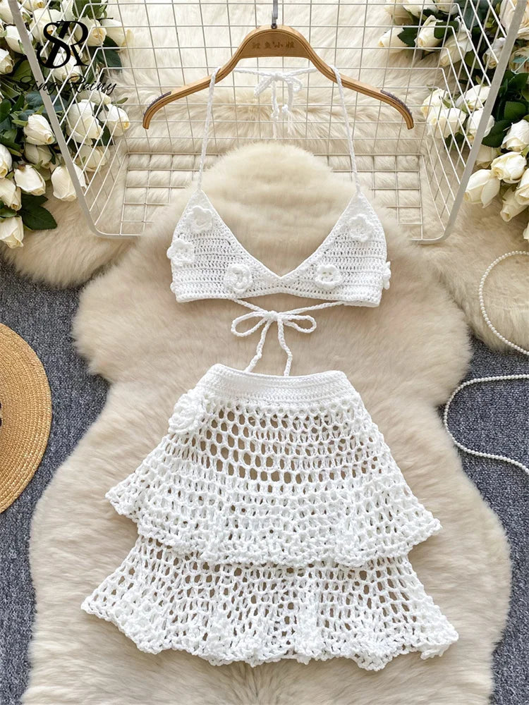 Knit Solid Beachwear Suits Halter Slim Backless Camisole+Bodycon Hollow Out Skirt Sets