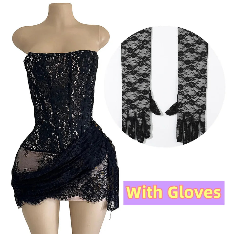 Vintage Elegant Lace Mesh See Through Bandage Dresses +Lace Gloves