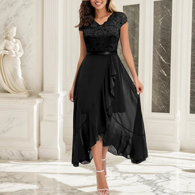 V Neck Spring Patchwork Ruffles Chiffon Irregular Dress