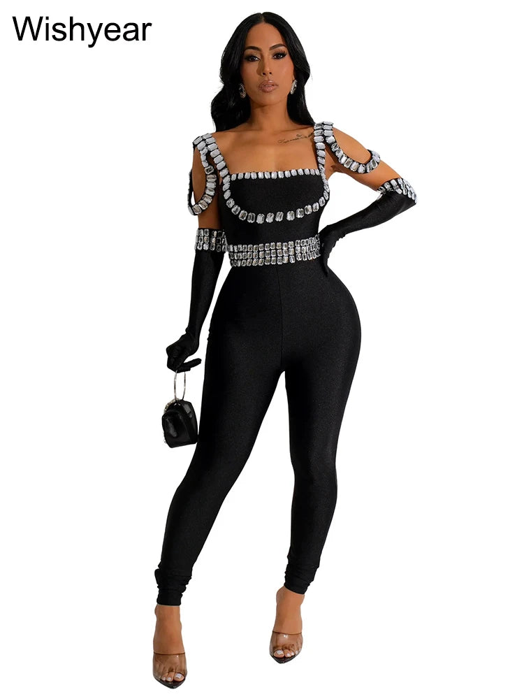 Sexy Backless Rhinestone Bodycon One Piece JumpsuitvWith Gloves