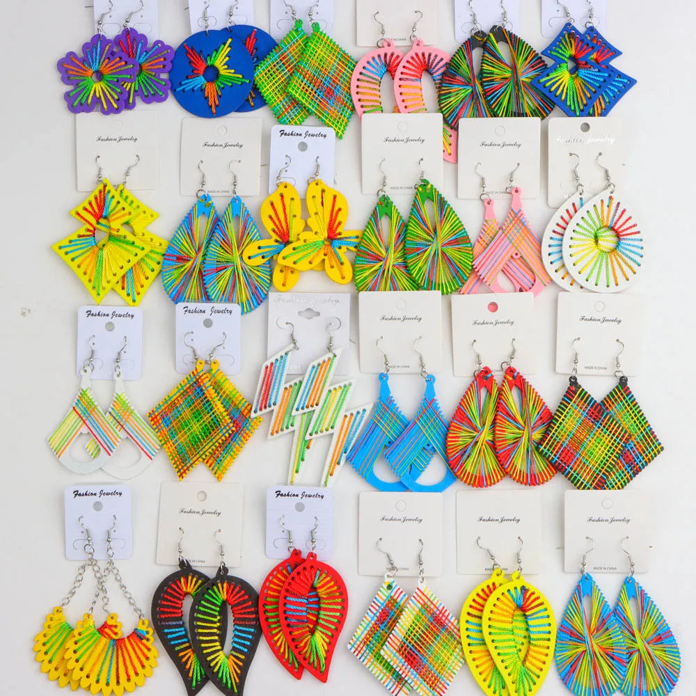10 Pairs Boho Ethnic Print Wooden Earrings – Colorful Geometric Statement Set