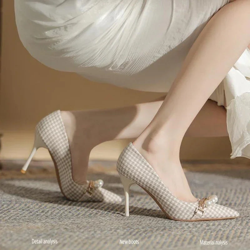 Pointed Toe Metal Chain  Pearl Formal Thin Heels