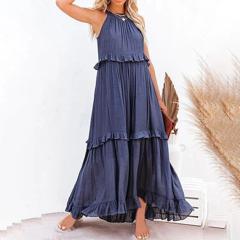 Women’s Elegant Ruffle Maxi Sundress – Sleeveless Summer Beach &amp; Party Dress