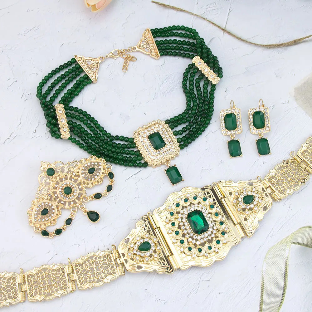 Chic Moroccan Caftan Belt Waist Chain Bead Choker Necklace Crystal Earring Brooch Pin Gold Color