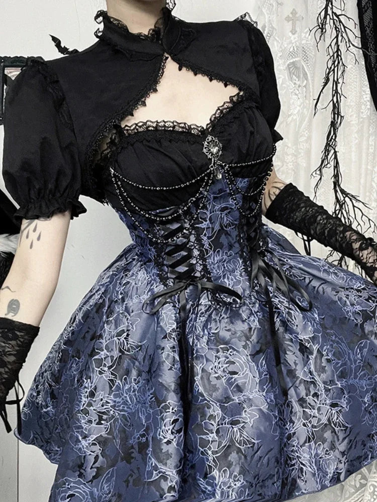 Vintage Gothic Smock Palace Style Elegant Cute Lace Patchwork Puff Sleeve Crop Tops