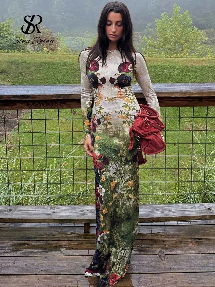 Spring Vacation Floral Long Sleeves Slim Elastic Milkmaid Designer-Inspired Vintage Print Maxi Dress